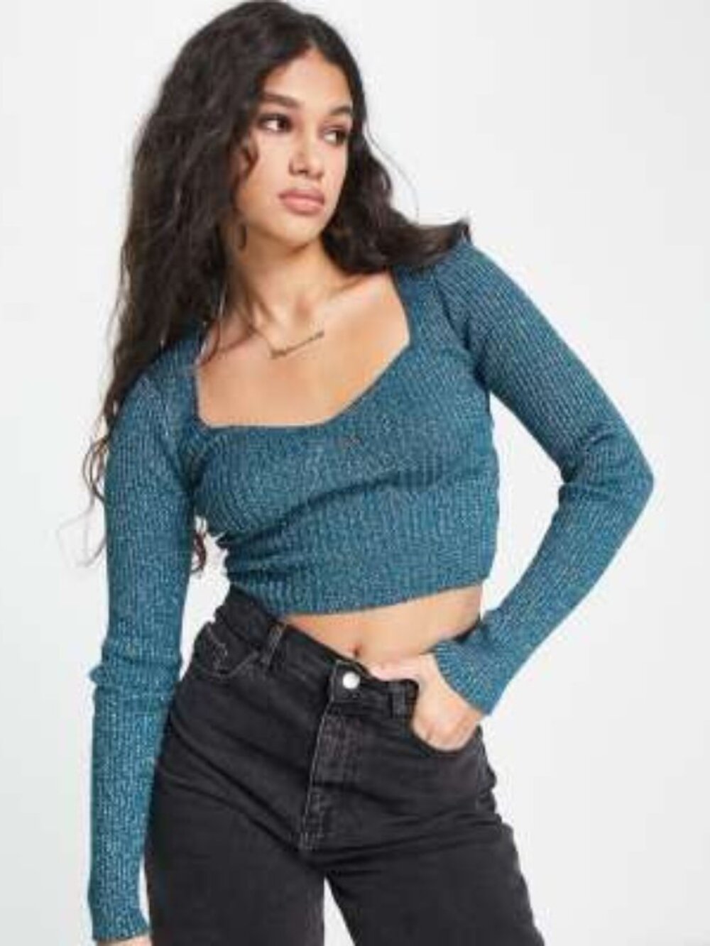Pull & Bear Sparkly Ribbed Knit Teal Green Sweetheart Neckline Cropped Sweater
